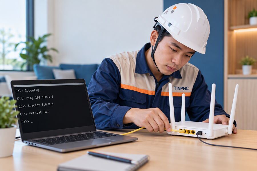 Kỹ thuật viên kiểm tra cấu hình wifi bằng laptop