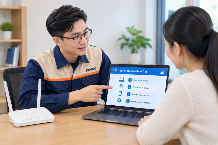 Nhân viên tư vấn hỗ trợ khách kiểm tra mật khẩu wifi