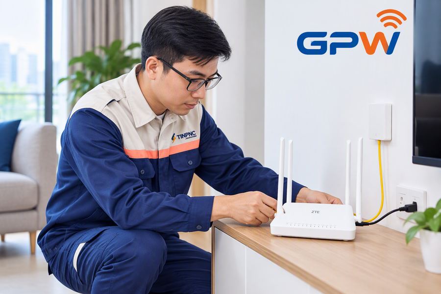 Kỹ thuật viên đang lắp đặt modem